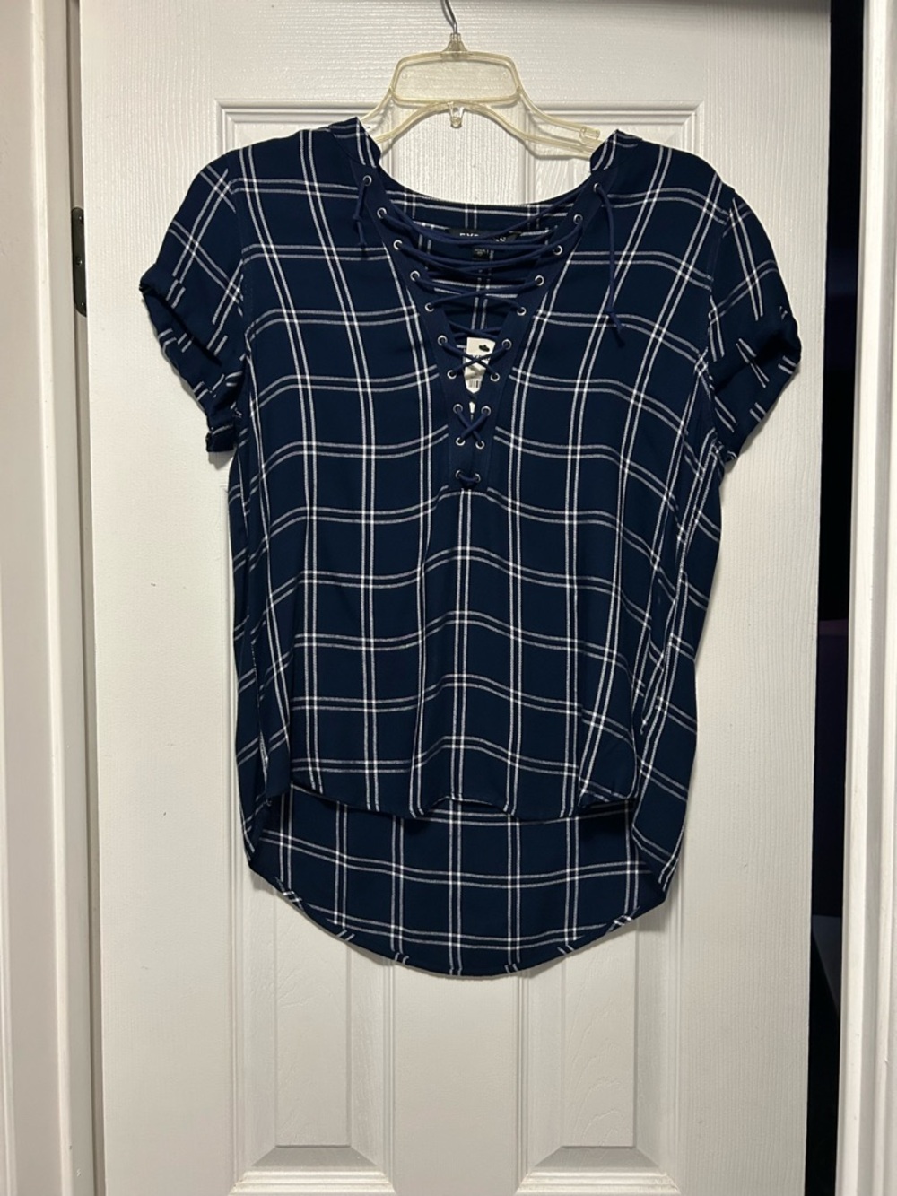 Express Women's Navy Plaid Lace-Up Short Sleeve Top